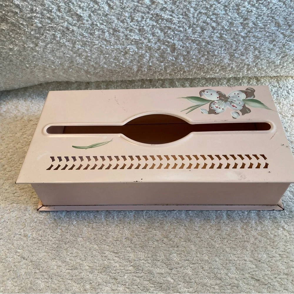 Vintage Tole Ware Metal Hand Painted Pink Floral Wall Tissue Box Cover